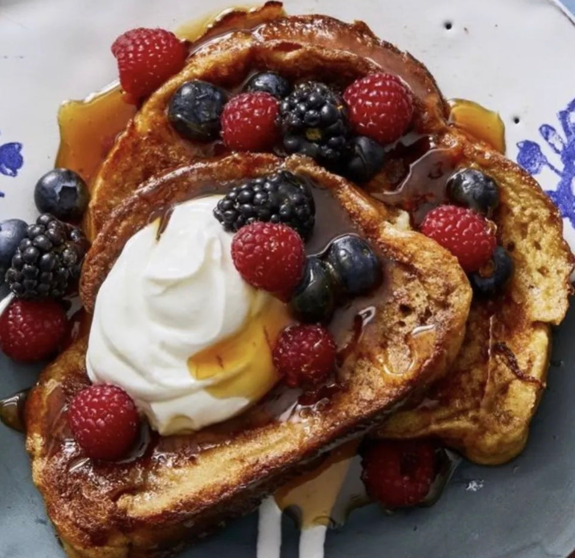 Sweet French Toast. Cinnamon Sugar. Raspberry Yogurt. Blueberries