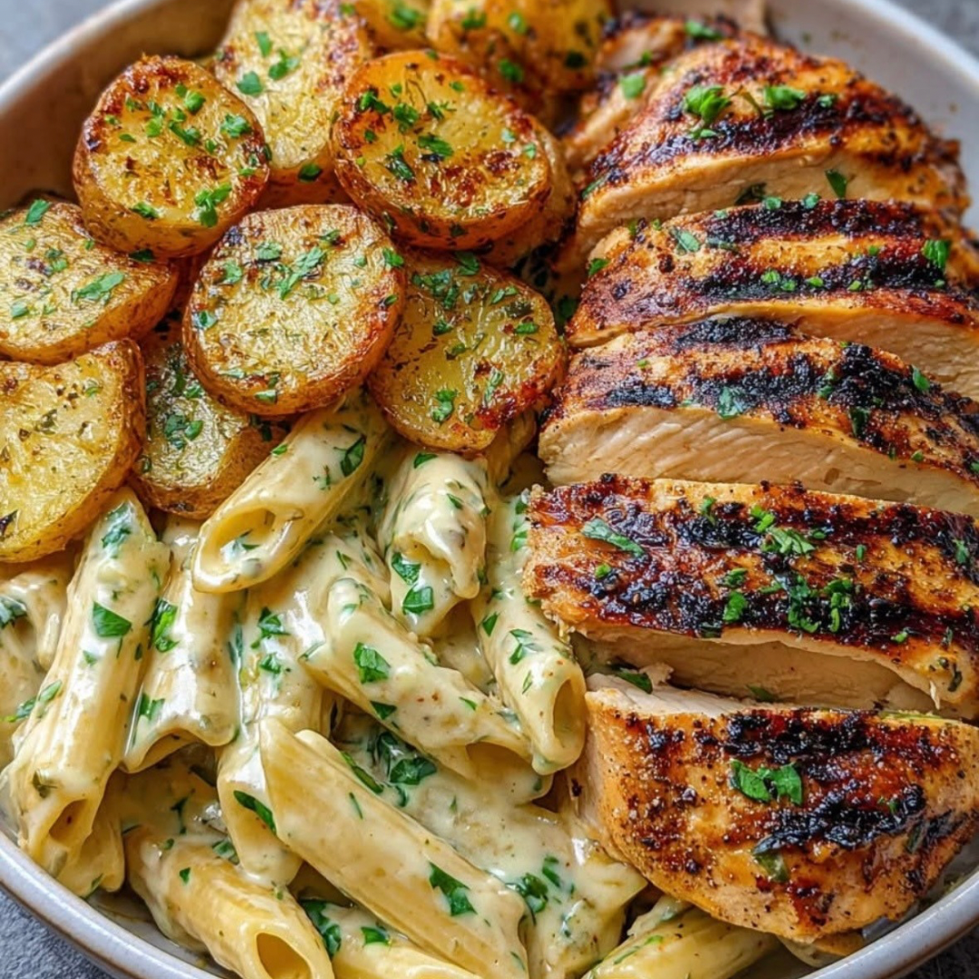 Loaded Lemon & Herb Grilled Chicken with Cheesy Penne Pasta. Roast Potato Rounds