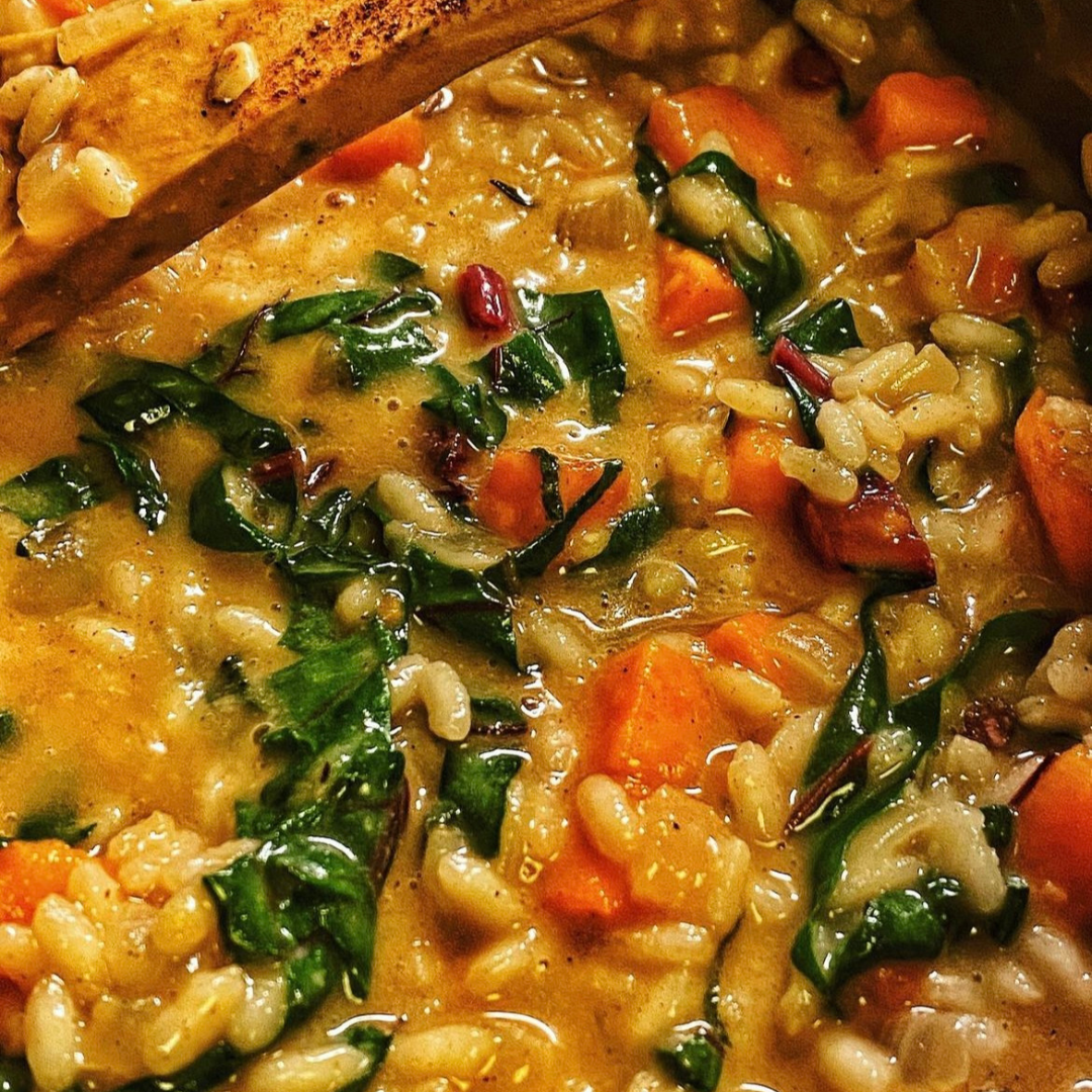 Spiced Sweet Potato Risotto. Crispy Sage. Tempura Carrot. Toasted Pumpkin Seeds