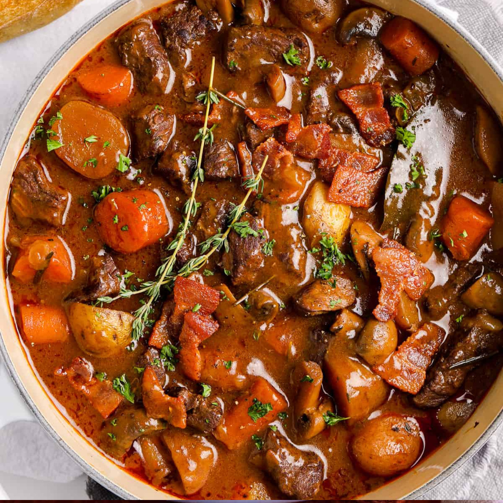 Slow Braised Beef Bourguignon. Mash. Honey Roast Parsnips (L)
