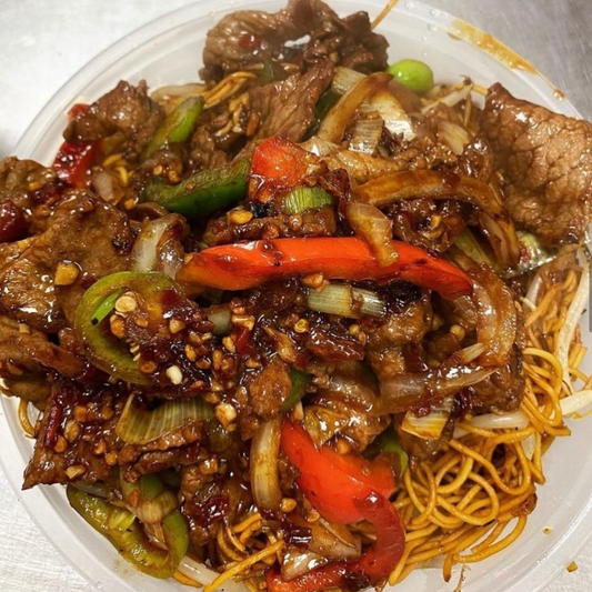 Crispy Salt & Chilli Beef Noodles. Light Honey, Soy Sauce & Sesame (L)