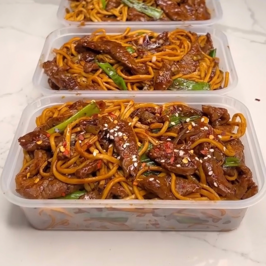 Crispy Salt & Chilli Beef Noodles. Light Honey, Soy Sauce & Sesame