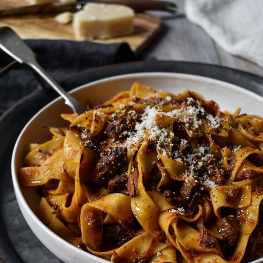 Italian Slow Braised Short Rib Rigatoni Pasta. Parmesan