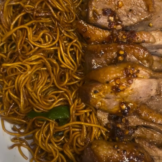 Roast Pork Chow Mein Protein Pot. Chinese BBQ Drizzle