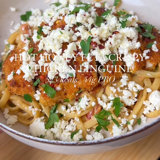 Hot Honey Crispy Chicken. Linguine Pasta. Tomato & Mascarpone. Feta