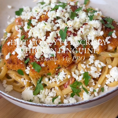 Hot Honey Crispy Chicken. Linguine Pasta. Tomato & Mascarpone. Feta (L)