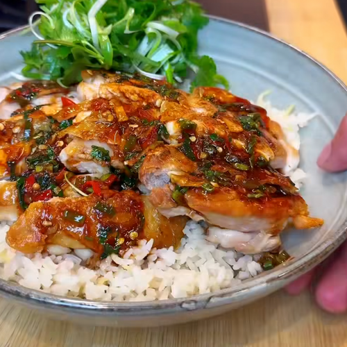 Coriander, Lime & Soy Crispy & Sticky Chicken. Rice. Greens