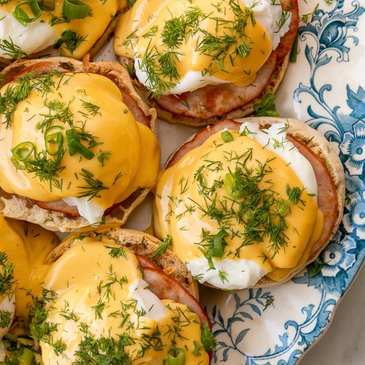 Our Eggs Benedict with Smoked Ham, Poached Eggs, Hollandaise on Toasted Croissant