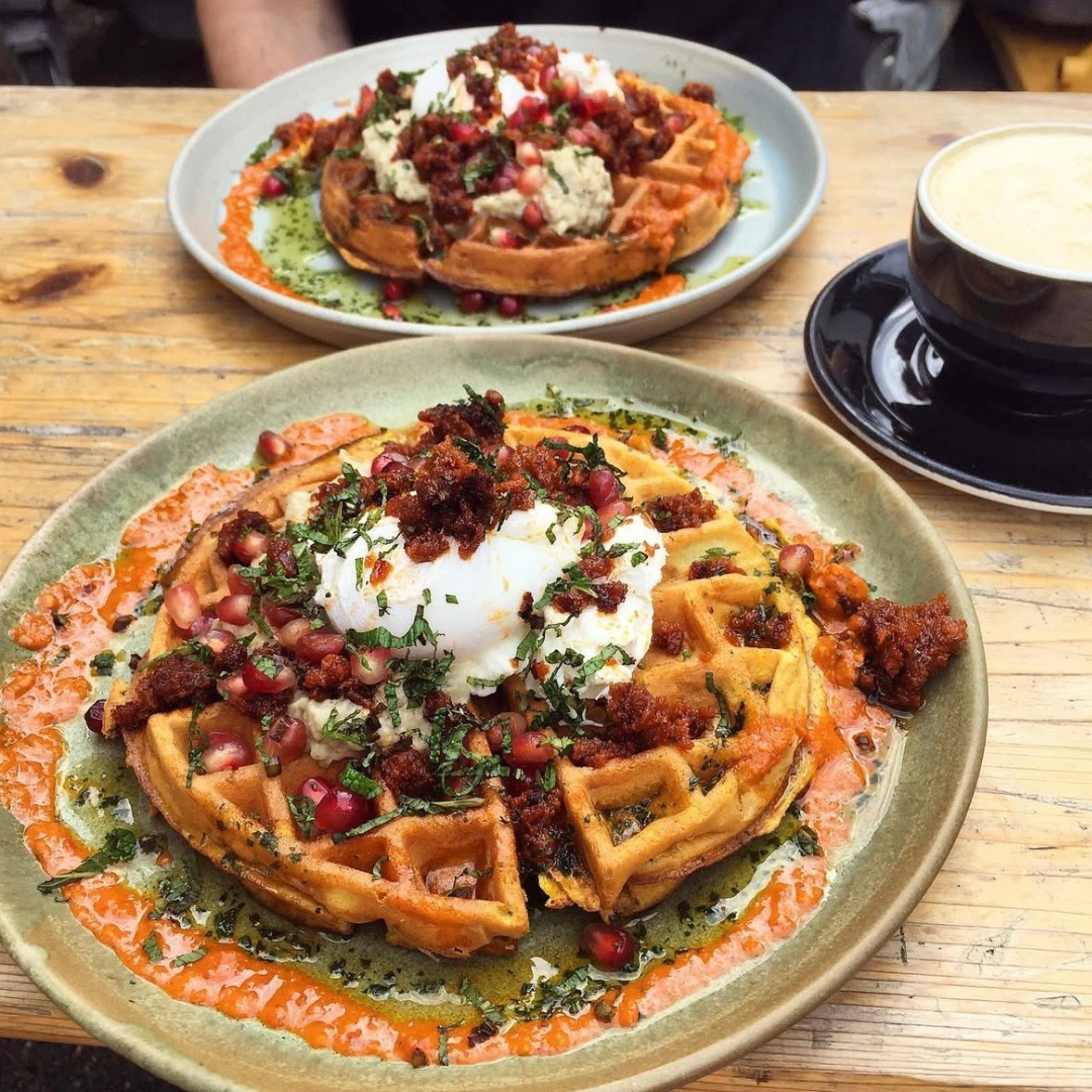 Savoury Mexican Waffles with Eggs, Red Onion & Chorizo