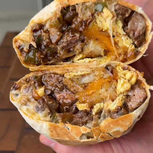 Steak, Eggs & Garlic Mushroom Breakfast Burrito