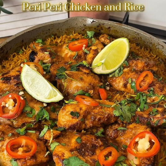 Nandos Peri Peri Chicken Breast. Roast Sweet Potato. Mexican Rice. Lemon & Garlic Perinaise Drizzle