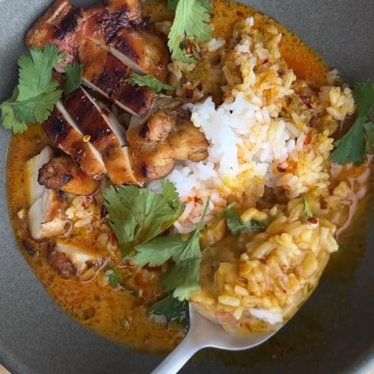 Superfood Thai Coconut Chicken Curry. Turmeric Rice. Sugar Snap Peas (L)