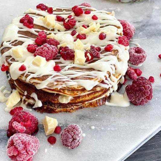 White Chocolate & Strawberry Protein Pancakes. Strawberry Compote