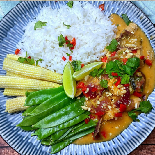 Thai Burnt Baby Aubergine & Toasted Peanut Curry. Sticky Coconut Rice