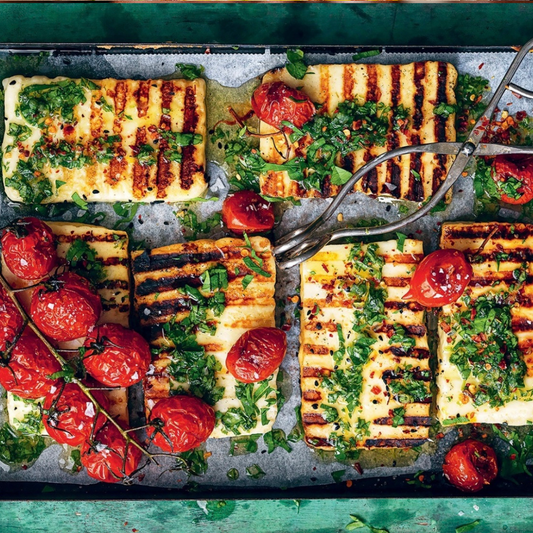 Cajun Halloumi & Red Pepper Wraps. Red Pepper Coulis. Grain Salad (L)