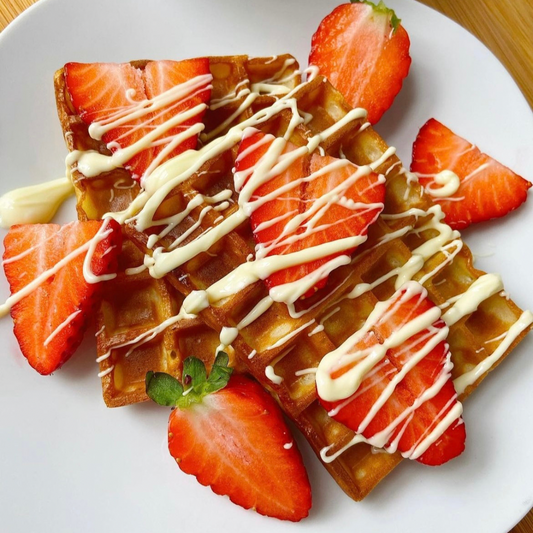 White Chocolate & Strawberry Waffles. Sweet Toasted Almonds