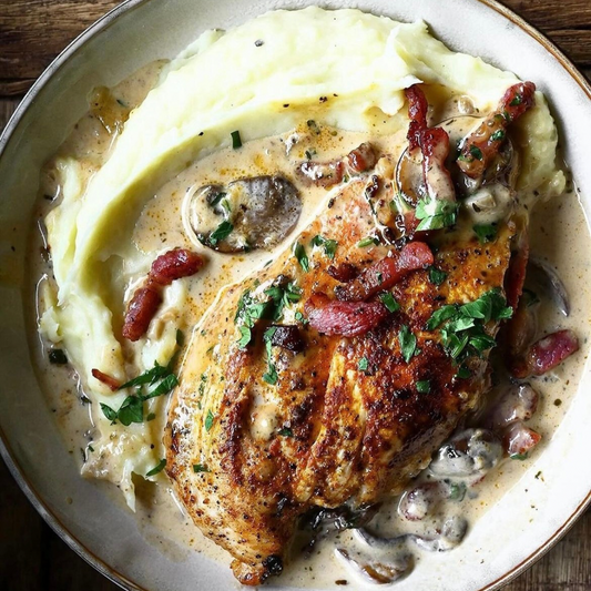 Garlic Chicken. Haggis Bon Bons. White Wine & Mushroom Sauce. Tenderstem. Mash