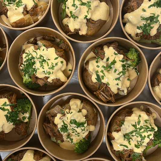 Loaded Baked Potato with BBQ Boston Beans & Smoked Pepper Cheese (L)