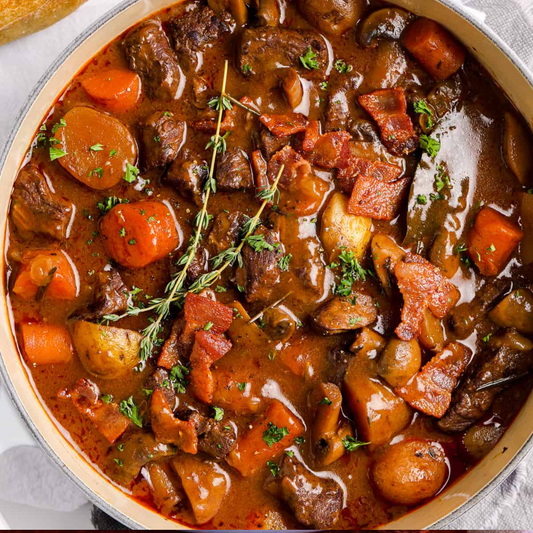Slow Braised Beef Bourguignon. Mash. Honey Roast Parsnips (L)