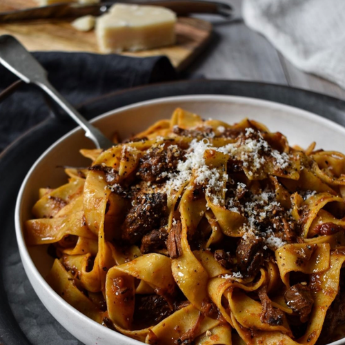 Slow Cooked Rich Spaghetti Bolognaise. Parmesan