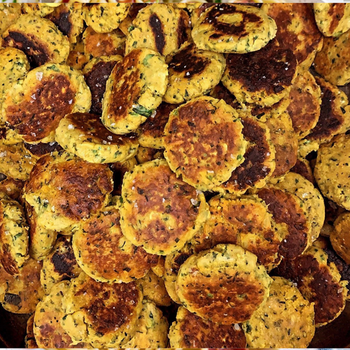 Moroccan Style Chickpea & Sweet Potato Falafels. Harissa Cous Cous. Zhug (L)