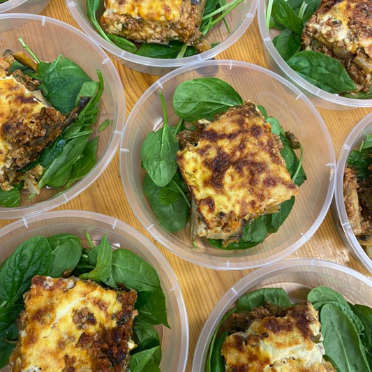Lentil & Mozzarella Moussaka. Whole Roasted Balsamic Beets. Greens (L)