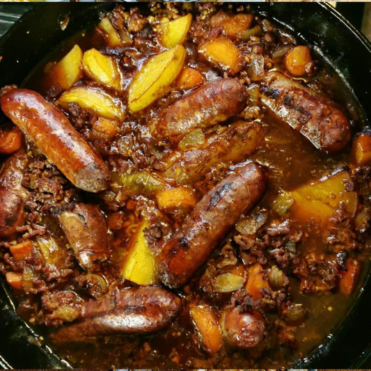 Braised Beef, Sausage & Black Pudding Stovies. New Potatoes (L)