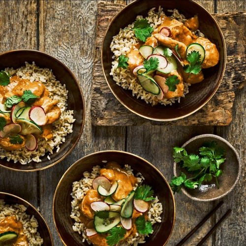 Roast Chicken Satay. Rice. Greens